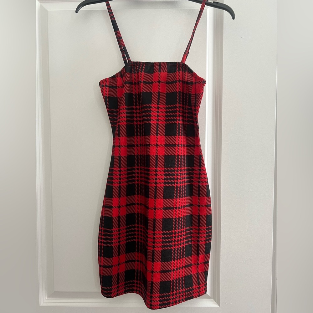 SHEIN Red and Black Plaid Mini Dress